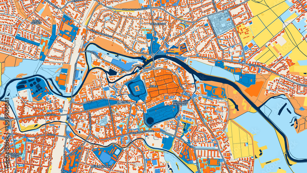 Naklejka premium Colorful Celle Street Map with Labels and Buildings
