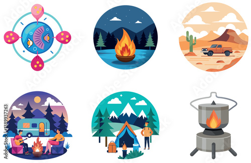 Camping Adventure. A Bundle of Survival and Resilience Collection Stickers