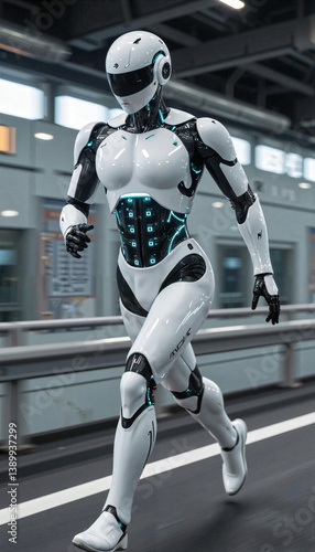 Futuristic Female Robot Running in Modern Cityscape AI Technology Concept