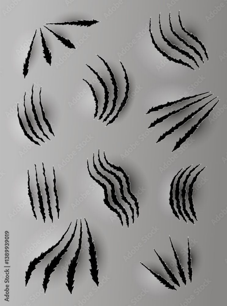 Bear or tiger claw marks. Scratches and torn traces of vector animal paw slashes. Hole in sheet of paper with torn edges. Vector illustration