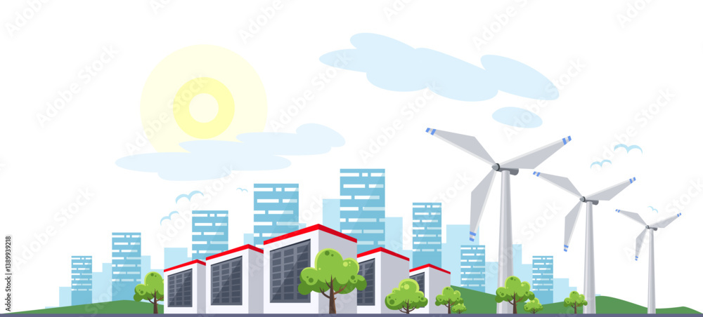 Clean electric energy concept. Renewable electricity resource from solar panels and wind turbines. Ecological change of the future. City skyline and nature landscape on background