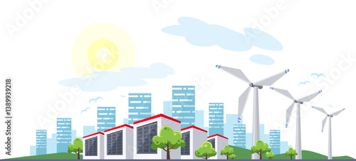 Obraz na płótnie Clean electric energy concept. Renewable electricity resource from solar panels and wind turbines. Ecological change of the future. City skyline and nature landscape on background w salonie