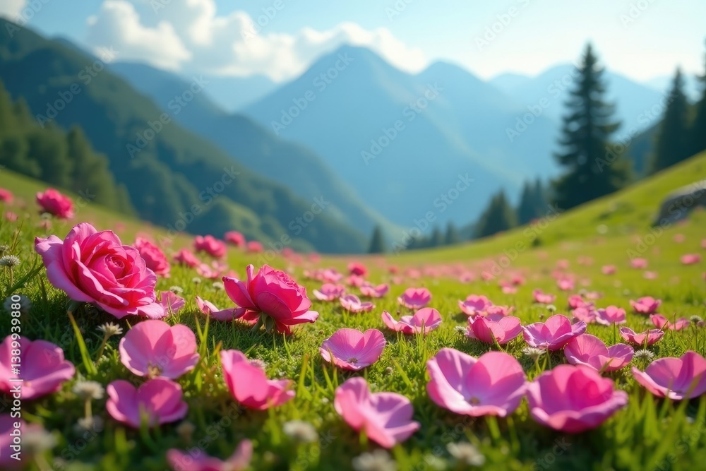 Fototapeta premium Pink rose petals scattered on a serene mountain meadow, pink roses meadow, blooms