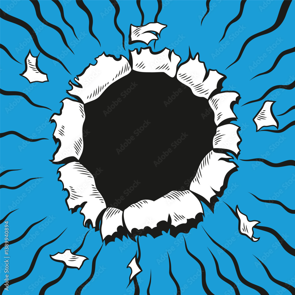 Comic book hole. Vector paper is torn through boom explosion. Circle hole in the middle on color background. Comic style cover template or flyer wallpapers