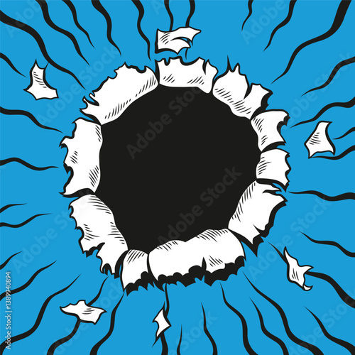Obraz na płótnie Comic book hole. Vector paper is torn through boom explosion. Circle hole in the middle on color background. Comic style cover template or flyer wallpapers w salonie
