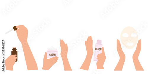 Illustration showing four steps of skin care, applying serum with pipette, cream from jar, lotion from bottle and applying sheet mask held with both hands, vector