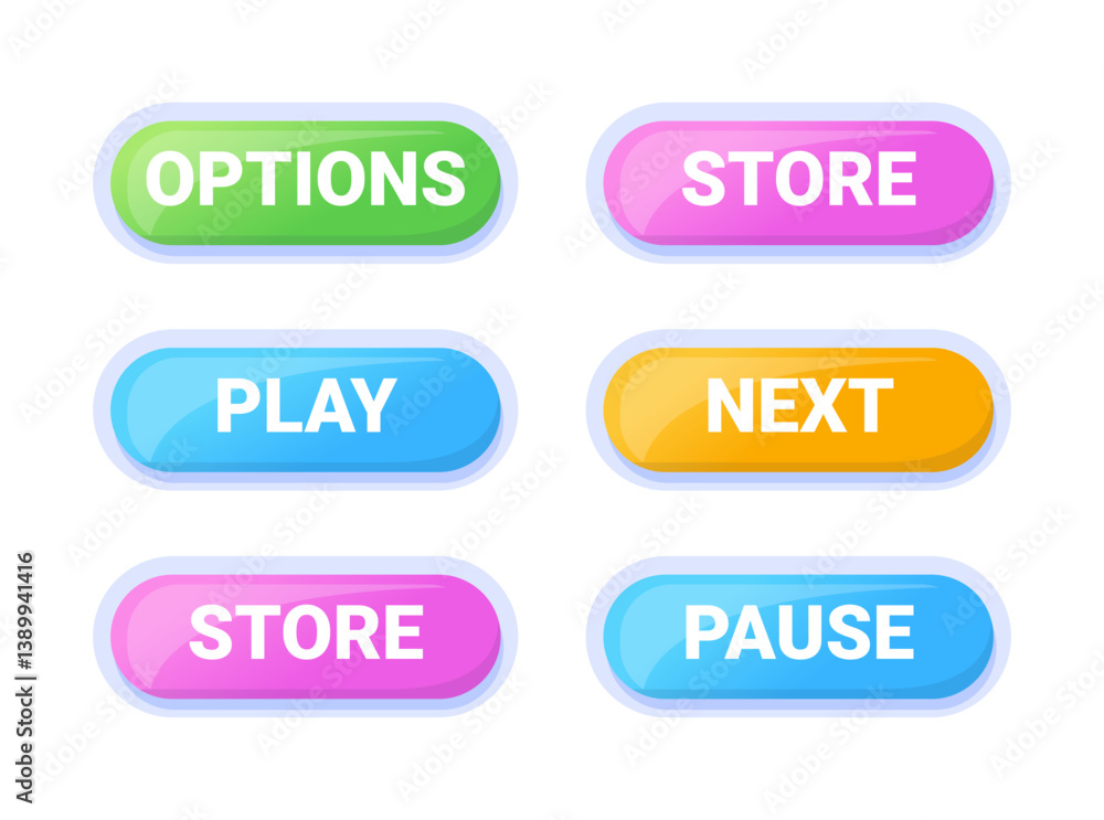 Game UI button. Mobile application or game interface element. Cartoon colorful design. Sticker or label for user interface