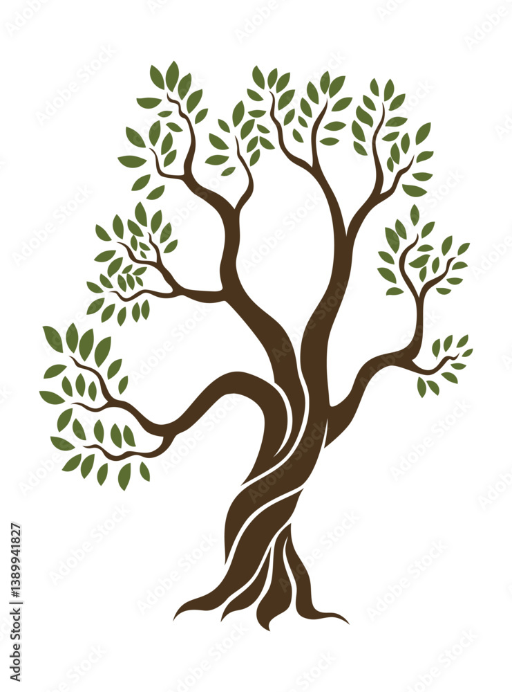 Olive trees with branches and leaves for design of packaging, label, logotype or banner. Natural organic stylized olive icon, premium quality sign. Vector illustration