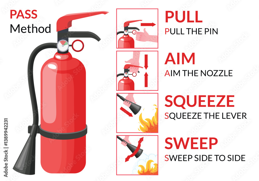 Fire extinguisher instruction. Fire prevention and extinguishing tips. Safety Information, poster or banner for website. Cartoon flat vector illustrations isolated on blue background