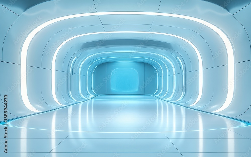 Futuristic Minimalist Interior with Curvilinear Walls and Glowing Floor in Cyberpunk Style Futuristic Minimalist Interior with Curvilinear Walls and Glowing Floor in Cyberpunk Style