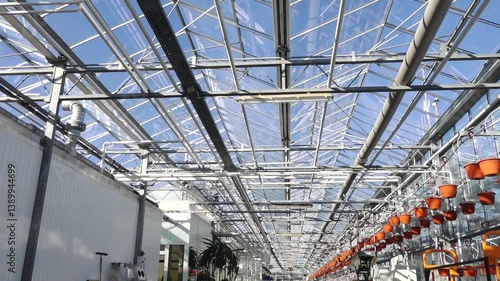 Wallpaper Mural Modern greenhouse interior featuring rows of hanging orange pots connected to an automated irrigation system, under a glass roof with natural sunlight. Torontodigital.ca