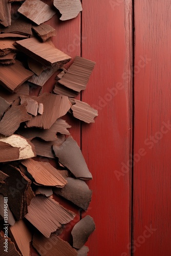 Rustic red particleboard with rough textures and aged OSB wood shavings for industrial design