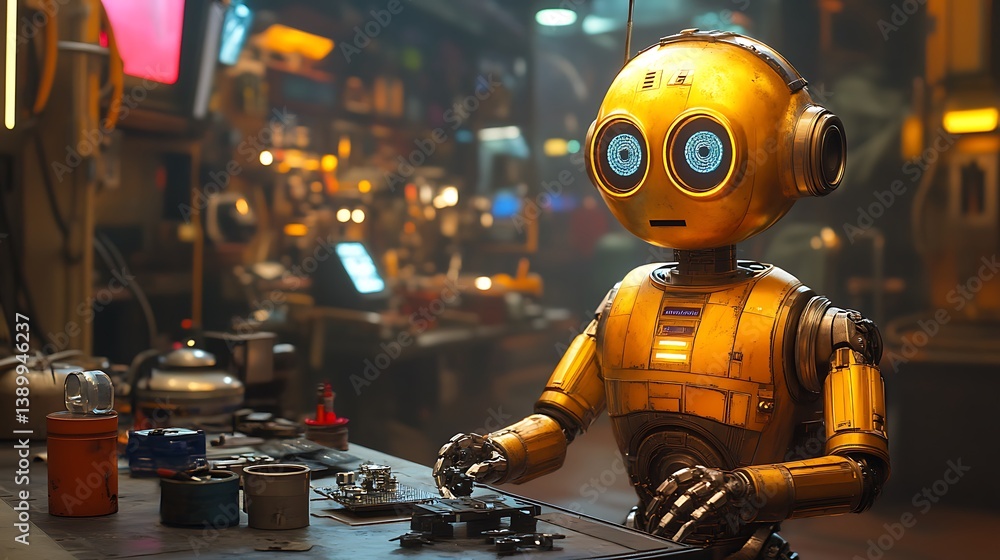 A curious golden robot observes a workbench full of components A curious golden robot observes a workbench full of components