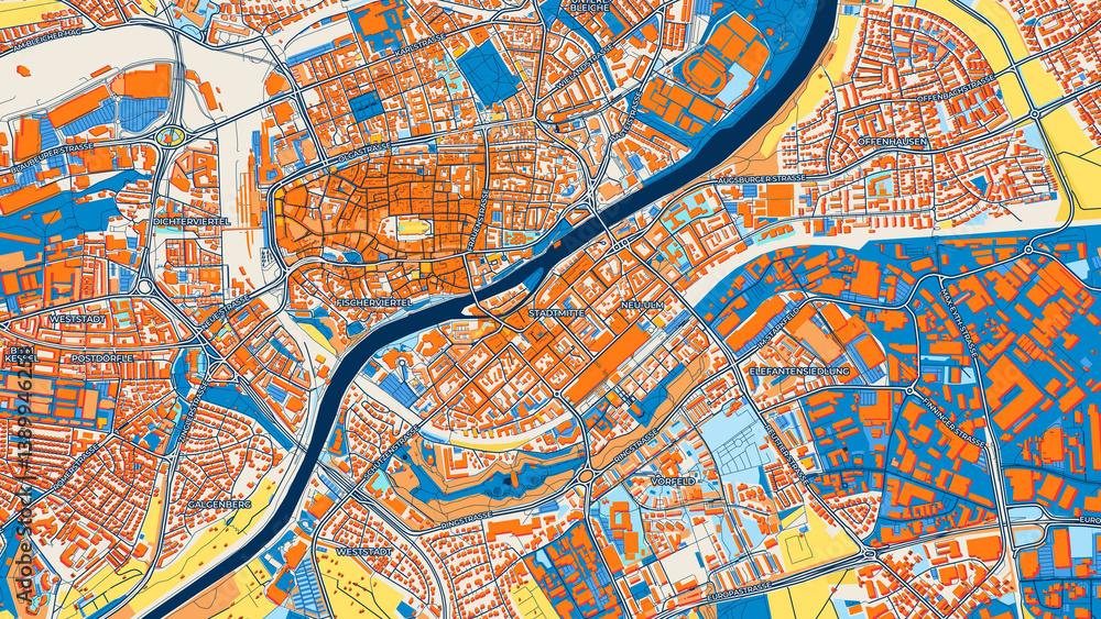 Colorful Neu-Ulm Street Map with Labels and Buildings Colorful Neu-Ulm Street Map with Labels and Buildings