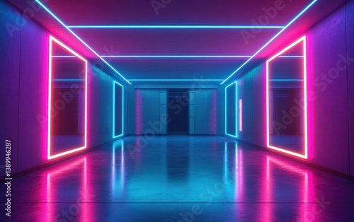 Fototapeta Naklejka Na Ścianę i Meble -  Futuristic Cyberpunk Room with Neon Lights and Geometric Design