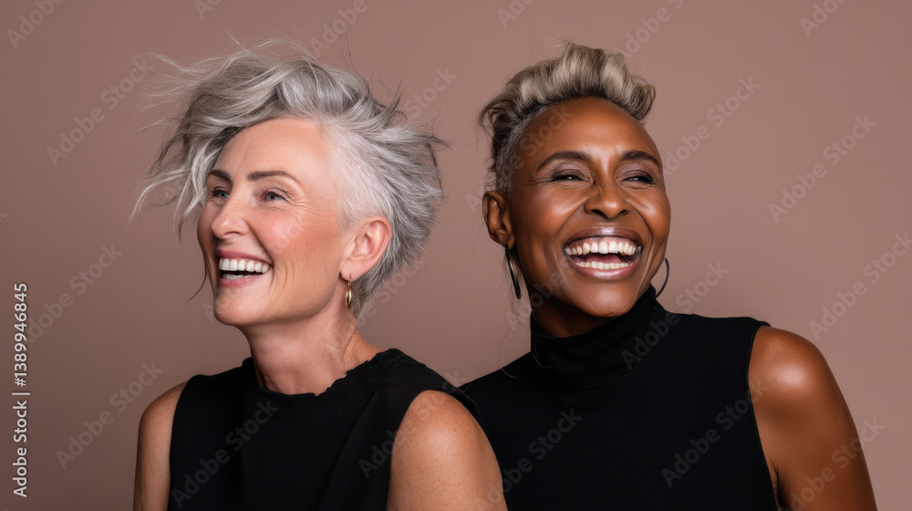 A candid-style fashion portrait of two stylish women laughing together, light tousled hair with one in silvery gray and the other in soft beige blonde, sleek sleeveless black outfits