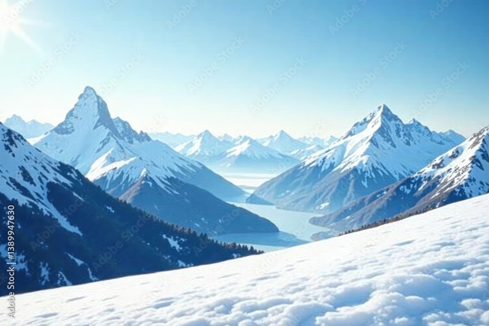 Snow-covered hills and mountains in the distance, calm, mountains Snow-covered hills and mountains in the distance, calm, mountains