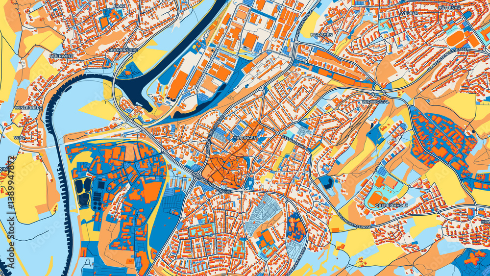 Obraz premium Colorful Hattingen Street Map with Labels and Buildings
