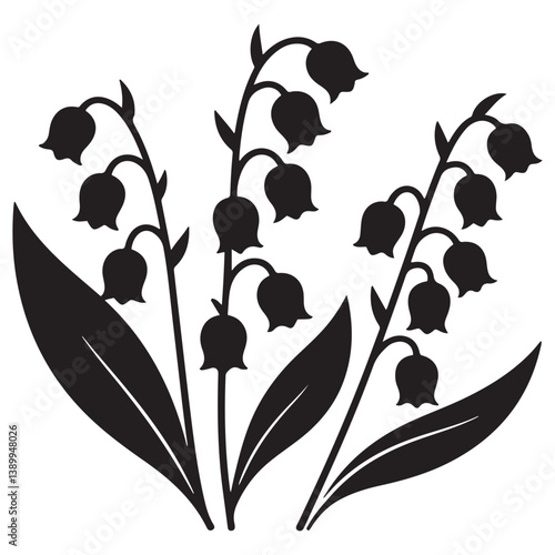 Lily of the valley flowers. Vector black silhouettes. with white background