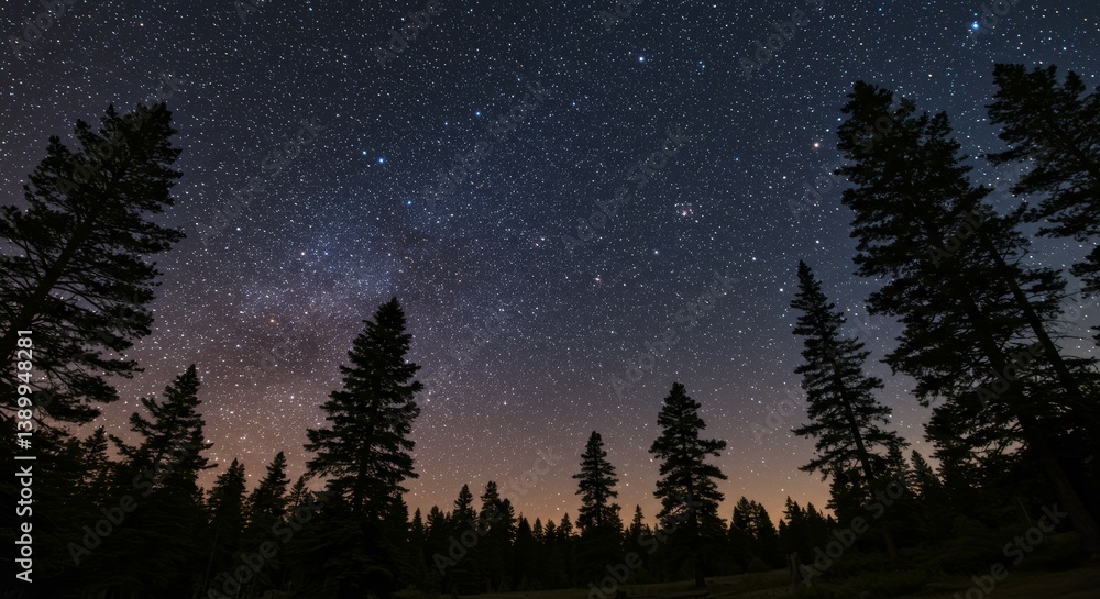 Fototapeta premium Starry Night's Embrace: A Celestial Symphony Above the Silhouetted Pines