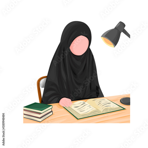 Woman in Niqab Studying Under Desk Lamp, Vector Illustration