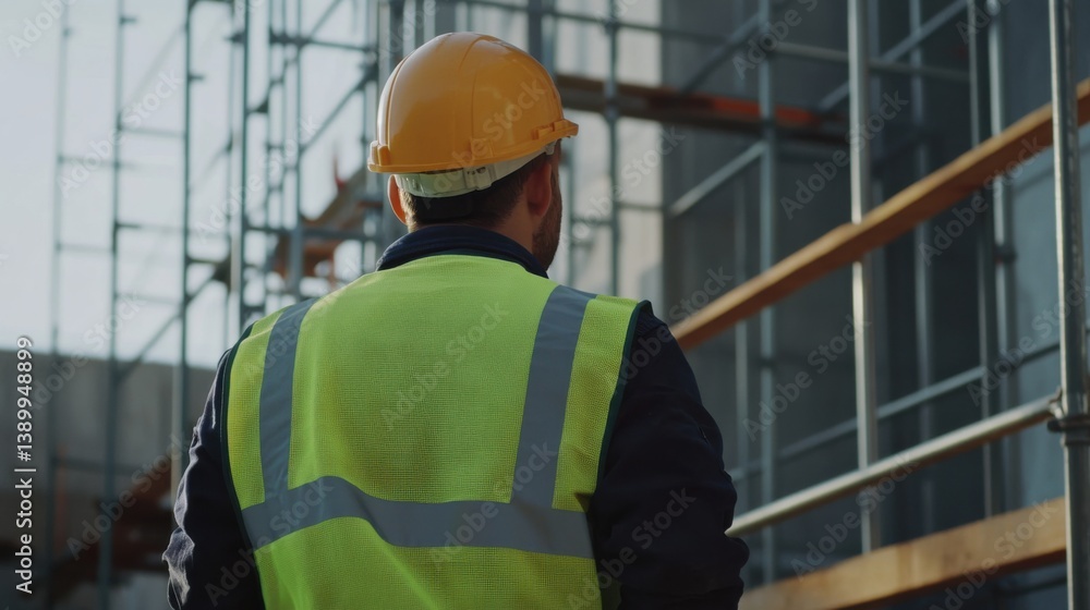A site supervisor inspecting safety measures at a construction site. Featuring oversight and safety A site supervisor inspecting safety measures at a construction site. Featuring oversight and safety