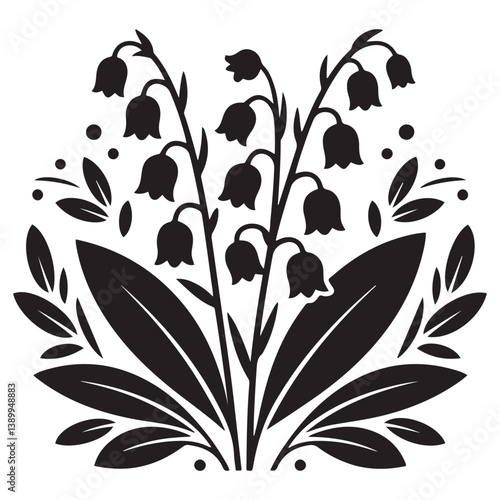 Lily of the valley flowers. Vector black silhouettes. with white background