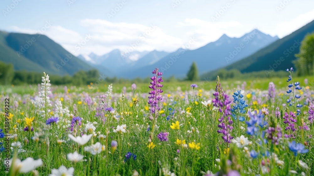 Obraz premium Lush meadow vibrant flowers, mountains