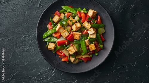 Top view of vegetable stir-fry with bell peppers, snap peas, and tofu on a dark ceramic plate