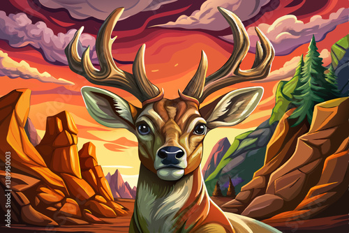 Deer portrait on an alien rock formation under a strange colored sky, Deer banner