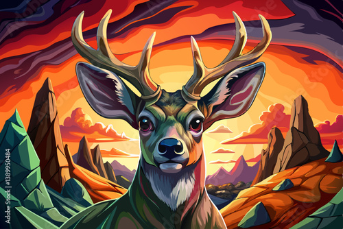 Deer portrait on an alien rock formation under a strange colored sky, Deer banner