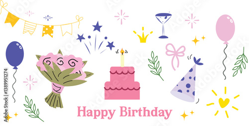 Fun doodle icons for birthdays! Cartoon-style hand-drawn cakes, hats, banners, confetti, and more. Vector outline set on white background, ideal for party designs and festive projects.