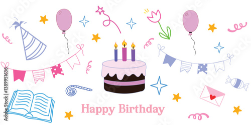 Fun doodle icons for birthdays! Cartoon-style hand-drawn cakes, hats, banners, confetti, and more. Vector outline set on white background, ideal for party designs and festive projects.