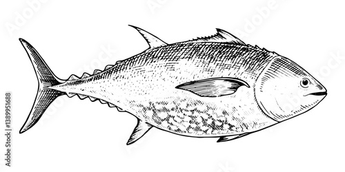 Vector illustration of a tuna fish in black and white. Hand drawn sketch with vintage engraving details, showcasing its profile. Ideal for seafood packaging, sushi menus, and culinary designs