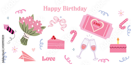 Fun doodle icons for birthdays! Cartoon-style hand-drawn cakes, hats, banners, confetti, and more. Vector outline set on white background, ideal for party designs and festive projects.