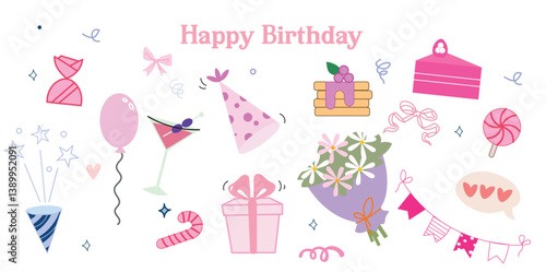 Cute hand-drawn birthday doodles in cartoon style. Includes cakes, balloons, gifts, candles, and party icons. Vector outline set, perfect for cards, stickers, and celebration graphics.

