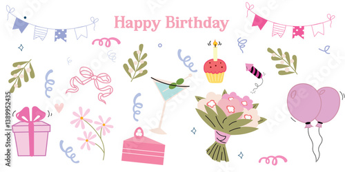 Cute hand-drawn birthday doodles in cartoon style. Includes cakes, balloons, gifts, candles, and party icons. Vector outline set, perfect for cards, stickers, and celebration graphics.

