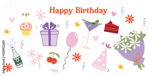 .Cute hand-drawn birthday doodles in cartoon style. Includes cakes, balloons, gifts, candles, and party icons. Vector outline set, perfect for cards, stickers, and celebration graphics.


