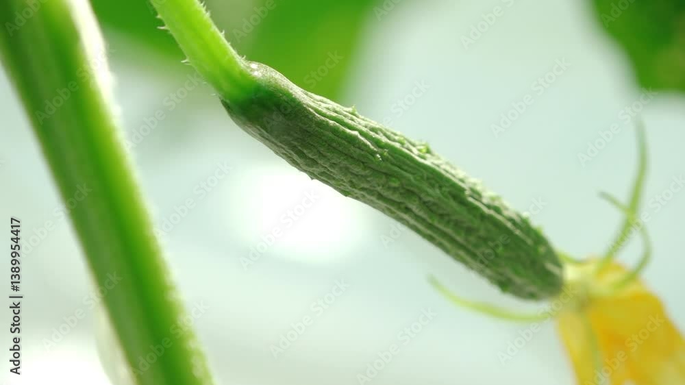 Close-up of a small cucumber developing from a bright yellow flower, with vivid green leaves in the softly blurred background. A moment of early fruit growth captured in natural light.