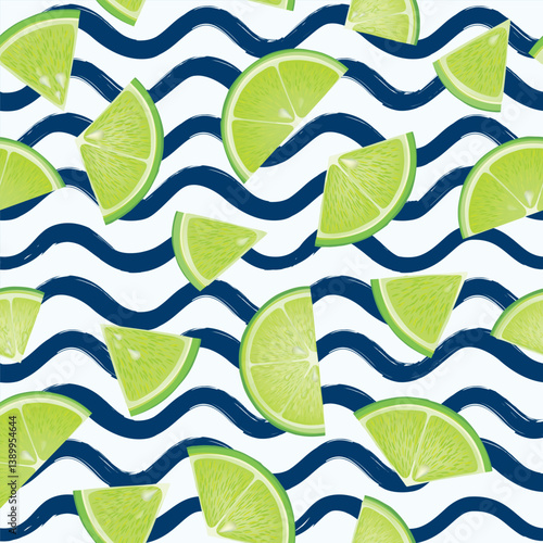Citrus lime fruit  slice seamless pattern over wavy water texture. Fresh healthy food background drawn in realistic style