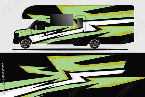 Vibrant RV with Bold Graphic Design in a Minimalist Setting, Highlighting Adventure and Travel