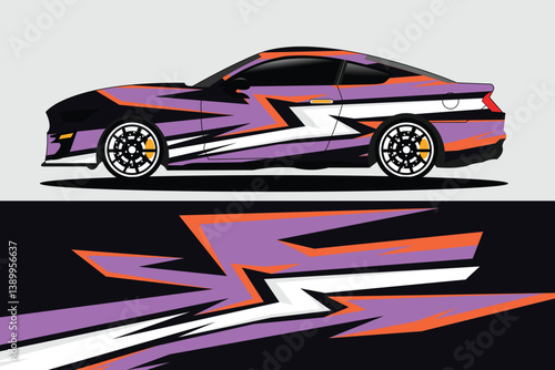 Vibrant sports car design featuring dynamic purple, orange, and white graphics on a sleek coupe