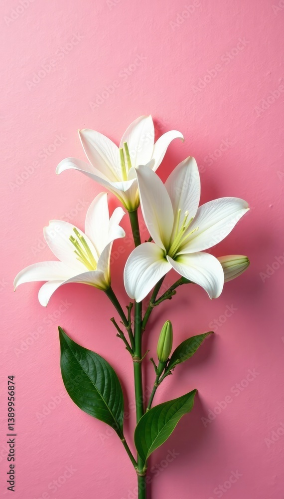 White lily blooms on a textured pink background, pink texture, bloom, clean White lily blooms on a textured pink background, pink texture, bloom, clean