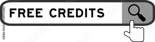 Search banner in word free credits with hand over magnifier icon on white background