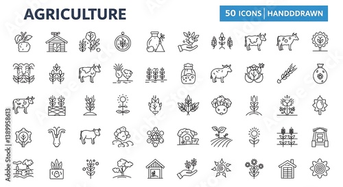 Collection of hand-drawn outline icons representing diverse aspects of agriculture