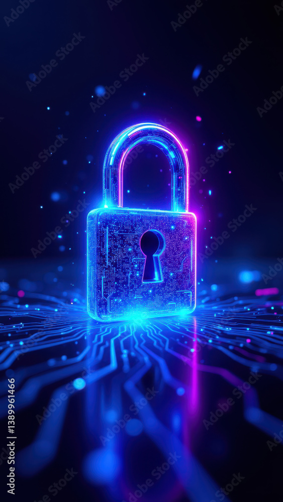 Cybersecurity lock on glowing neon surface with circuitry pattern.