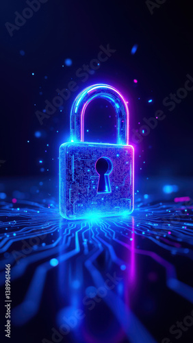 Obraz na płótnie Cybersecurity lock on glowing neon surface with circuitry pattern. w salonie