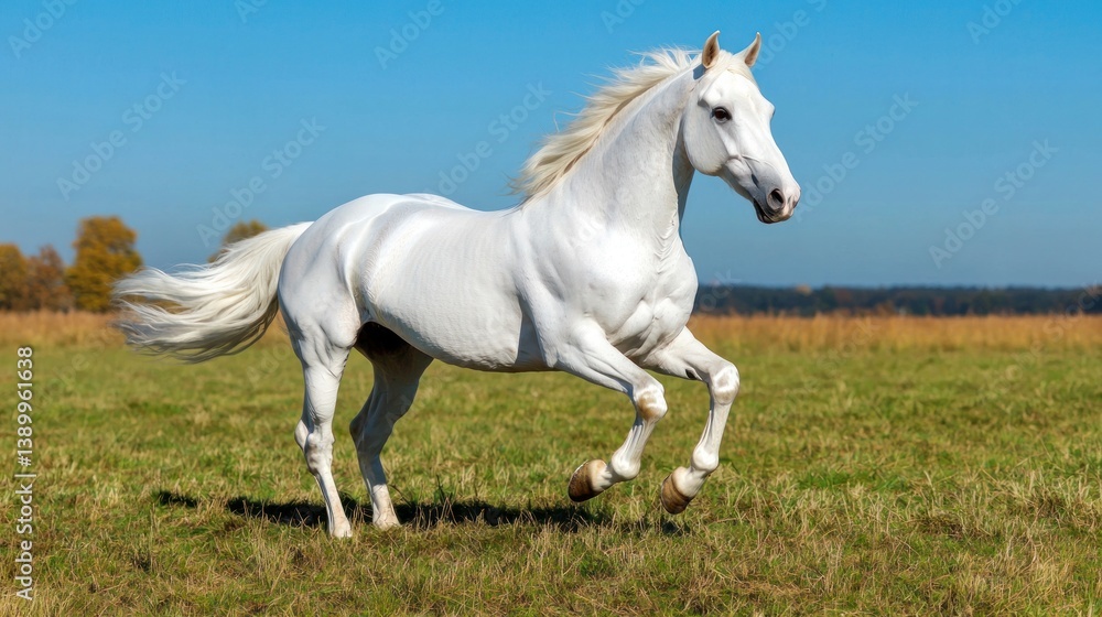 Majestic horse galloping across a vast open field nature photography bright blue sky dynamic perspective Majestic horse galloping across a vast open field nature photography bright blue sky dynamic perspective