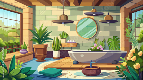 Spa-inspired bathroom with indoor plants, stone textures, and a relaxing soaking tub.
