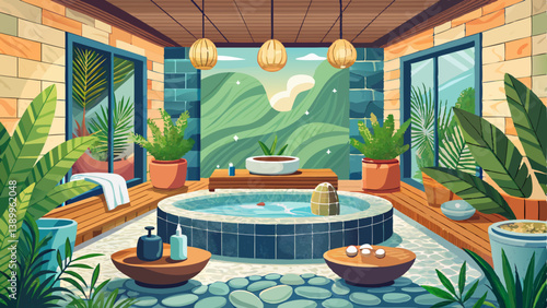 Spa-inspired bathroom with indoor plants, stone textures, and a relaxing soaking tub.